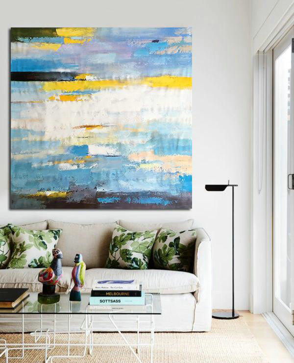 Large Abstract Painting On Canvas,Oversized Contemporary Art,Hand Painted Acrylic Painting,White,Blue,Yellow.etc - Click Image to Close